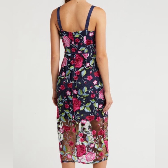 🆕✨Sam Edelman Peony Embroidered Navy Midi Dress Sheer Floral Overlay&Slit Size 4 - Picture 3 of 17